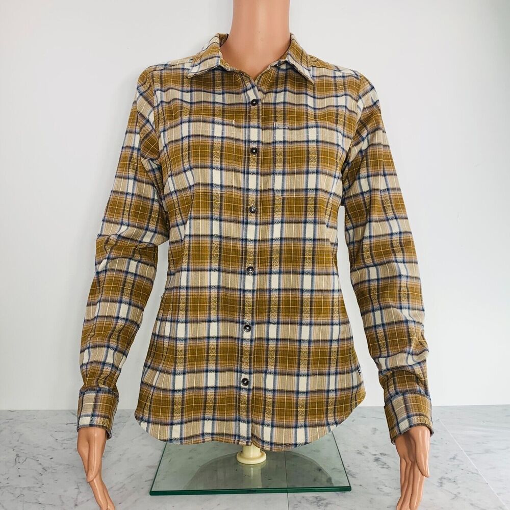 ROYAL ROBBINS Flannel Shirt Women XS Gold Blue Cream Plaid Button-Up REI EUC